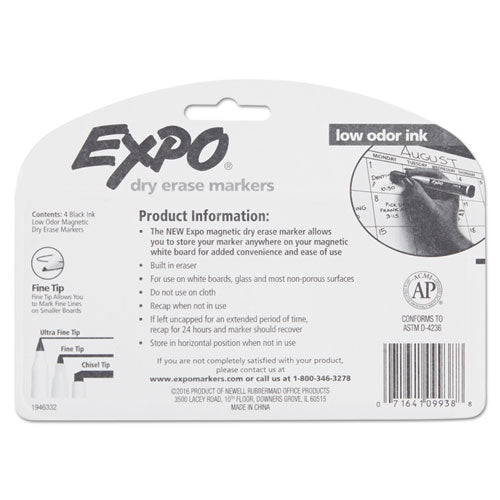 Image of EXPO® Magnetic Dry Erase Marker, Fine Bullet Tip, Black, 4/pack