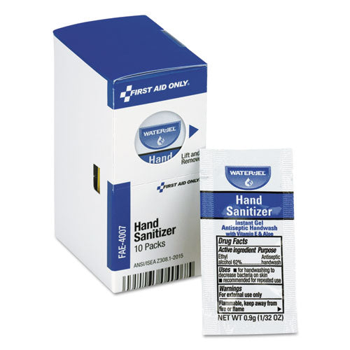Image of First Aid Only Gel Hand Sanitizer Packets For Smartcompliance First Aid Kits, 0.9 G, Clean Scent, 10/box