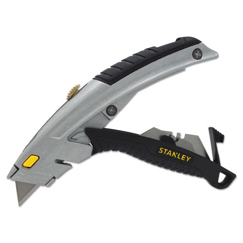 Image of Stanley® Curved Quick-Change Utility Knife, Stainless Steel Retractable Blade, 3 Blades, 6.5" Metal Handle, Black/Chrome