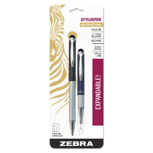 Image of Zebra® StylusPen Telescopic Ballpoint Pen/Stylus, Retractable, Medium 1 mm, Black Ink, Blue/Gray Barrel, 2/Pack