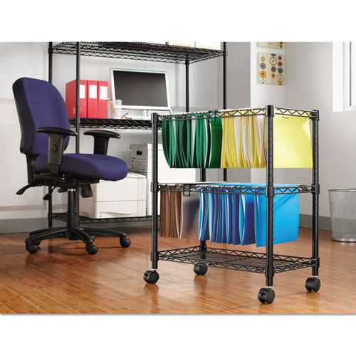 Image of Alera® Two-Tier File Cart for Front-to-Back + Side-to-Side Filing, Metal, 1 Shelf, 3 Bins, 26" x 14" x 29.5", Black