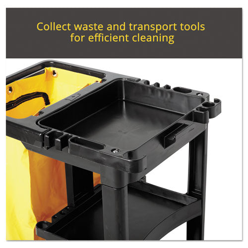Image of Rubbermaid® Commercial Multi-Shelf Cleaning Cart, Plastic, 4 Shelves, 1 Bin, 20" x 45" x 38.25", Black