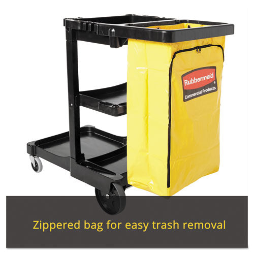 Image of Rubbermaid® Commercial Multi-Shelf Cleaning Cart, Plastic, 4 Shelves, 1 Bin, 20" x 45" x 38.25", Black