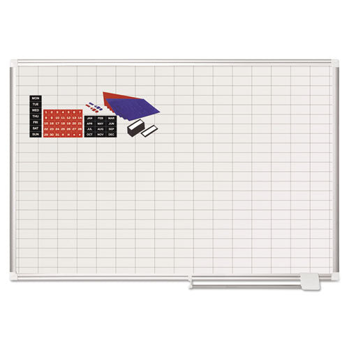 Image of MasterVision® Gridded Magnetic Steel Dry Erase Project Planning Board, 1" x 2" Cells, 48" x 36", White Surface, Satin Aluminum Frame