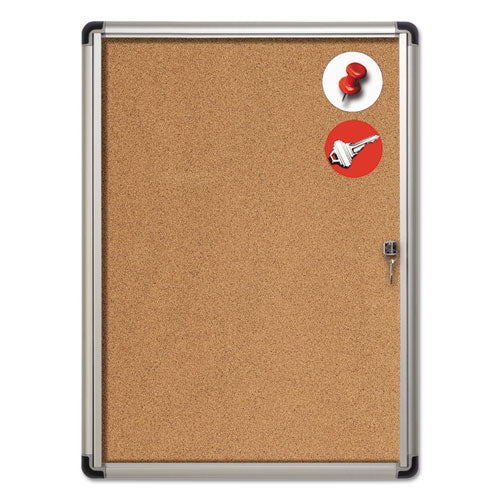 Image of MasterVision® Slim-Line Enclosed Cork Bulletin Board with One Door, 28" x 38", Tan Surface, Satin Aluminum Frame