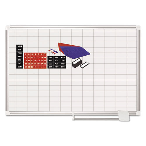 Image of MasterVision® Gridded Magnetic Steel Dry Erase Project Planning Board, 1" x 2" Cells, 36" x 24", White Surface, Satin Aluminum Frame