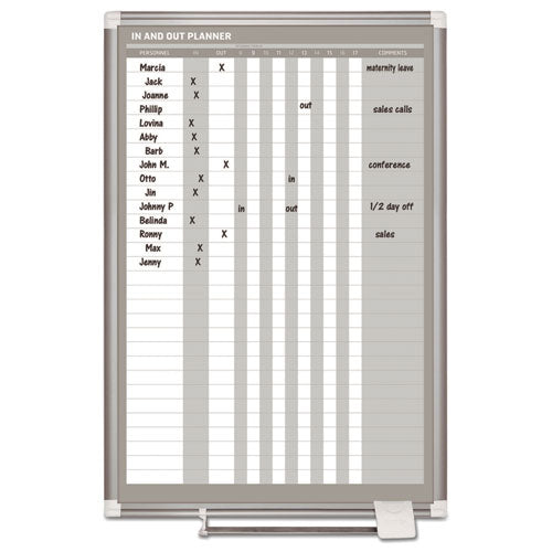 Image of MasterVision® In-Out Magnetic Dry Erase Board, 30-Person Tracking, 24" x 36", White Surface, Satin Aluminum Frame