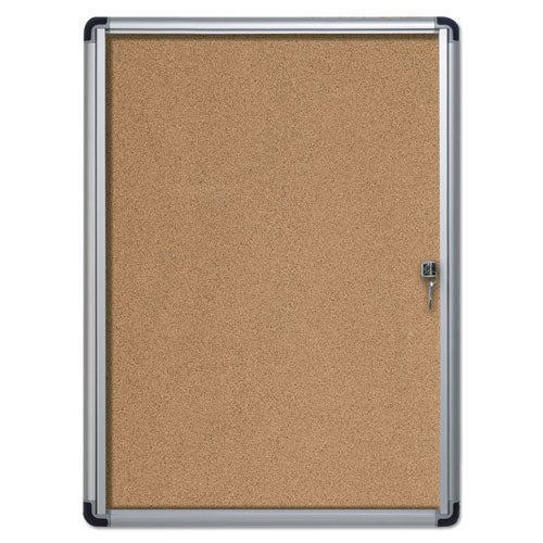 Image of MasterVision® Slim-Line Enclosed Cork Bulletin Board with One Door, 28" x 38", Tan Surface, Satin Aluminum Frame