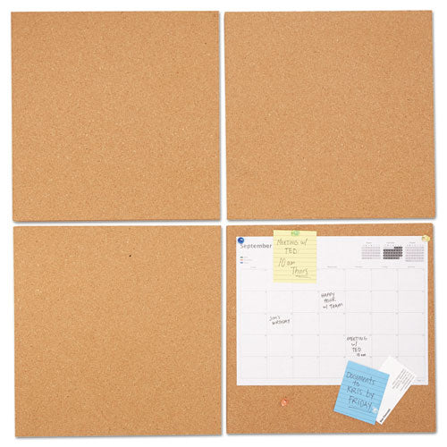Image of Universal® Cork Tile Panels, Classic Synthetic Cork Surface, 12" x 0.38" x 12", Brown, 4/Pack
