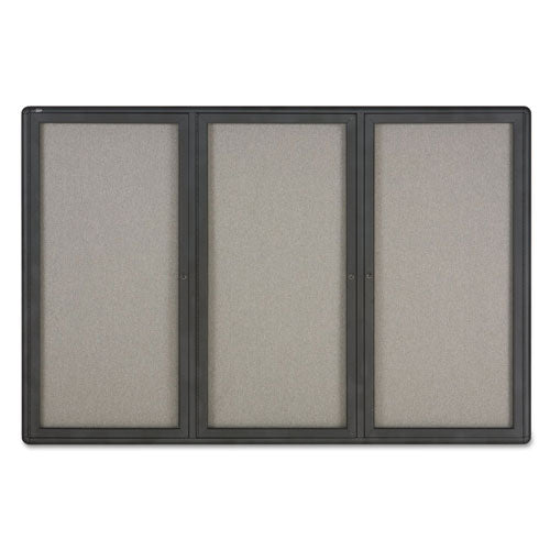 Image of Quartet® Enclosed Indoor Fabric Bulletin Board with Three Hinged Doors, 72" x 48", Gray Surface, Graphite Gray Aluminum Frame