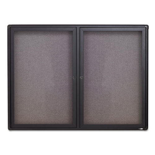 Image of Quartet® Enclosed Indoor Fabric Bulletin Board with Two Hinged Doors, 48" x 36", Gray Surface, Graphite Gray Aluminum Frame