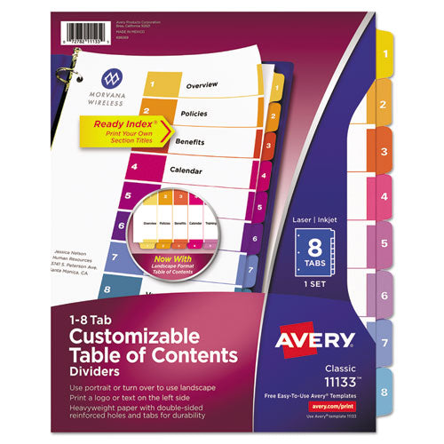 Image of Avery® Customizable TOC Ready Index Multicolor Tab Dividers, 8-Tab, 1 to 8, 11 x 8.5, White, Traditional Color Tabs, 1 Set