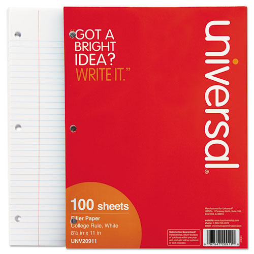 Image of Universal® Filler Paper, 3-Hole, 8.5 X 11, Medium/college Rule, 100/pack