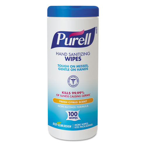 Image of PURELL® Premoistened Hand Sanitizing Wipes, 5.78 x 7, Fresh Citrus, White, 100/Canister, 12 Canisters/Carton