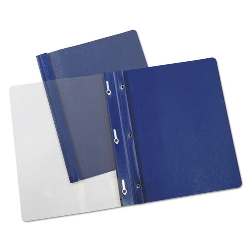 Image of Universal® Clear Front Report Covers with Fasteners, Three-Prong Fastener, 0.5" Capacity, 8.5 x 11, Clear/Dark Blue, 25/Box