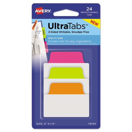 Image of Avery® Ultra Tabs Repositionable Tabs, Standard: 2" x 1.5", 1/5-Cut, Assorted Neon Colors, 24/Pack