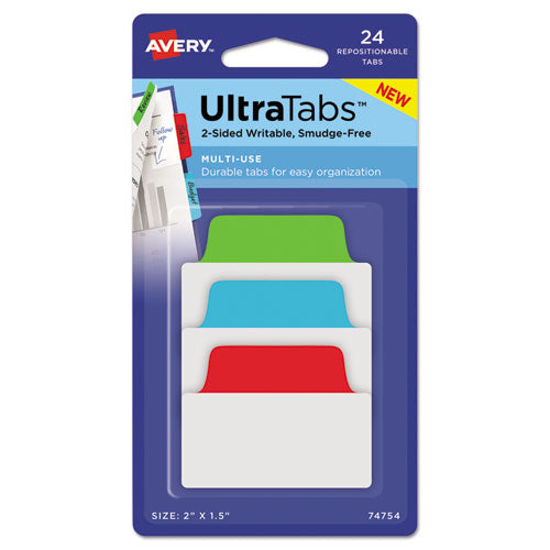 Image of Avery® Ultra Tabs Repositionable Tabs, Standard: 2" x 1.5", 1/5-Cut, Assorted Colors (Blue, Green and Red), 24/Pack