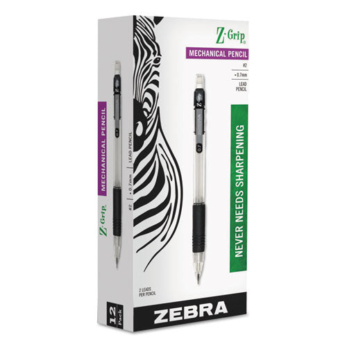 Image of Zebra® Z-Grip Mechanical Pencil, 0.7 mm, HB (#2), Black Lead, Clear/Black Barrel, Dozen