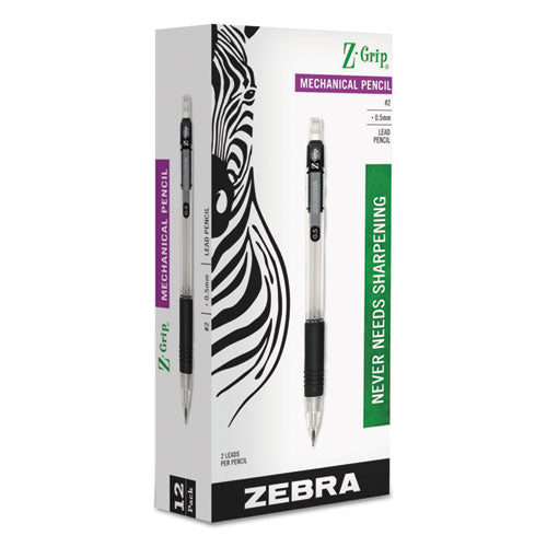 Image of Zebra® Z-Grip Mechanical Pencil, 0.5 mm, HB (#2), Black Lead, Clear/Black Barrel, Dozen