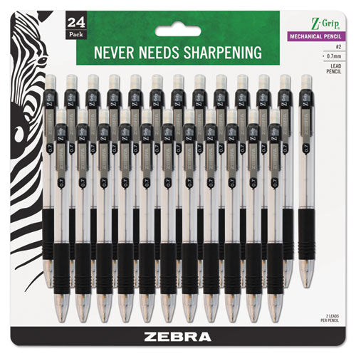 Image of Zebra® Z-Grip Mechanical Pencil, 0.7 mm, HB (#2), Black Lead, Clear/Black Barrel, 24/Pack