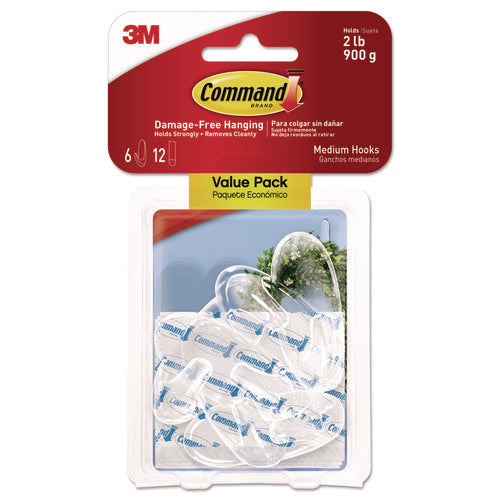 Image of Command Clear Hooks and Strips, Medium, Plastic, 2 lb Capacity, 6 Hooks and 12 Strips/Pack