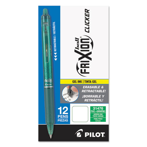 Image of Pilot® Frixion Clicker Erasable Gel Pen, Retractable, Fine 0.7 Mm, Green Ink, Green Barrel, Dozen