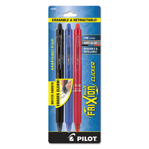 Image of Pilot® FriXion Clicker Erasable Gel Pen, Retractable, Fine 0.7 mm, Assorted Business Ink and Barrel Colors, 3/Pack