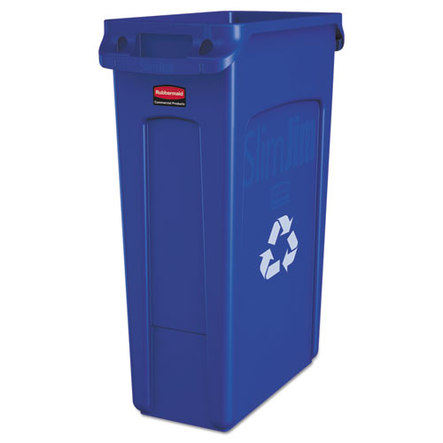 Image of Rubbermaid® Commercial Slim Jim Plastic Recycling Container with Venting Channels, 23 gal, Plastic, Blue