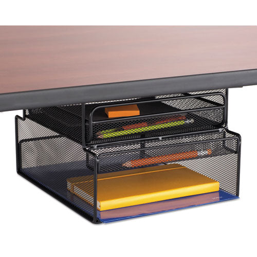 Image of Safco® Onyx Hanging Organizer with Drawer, Under Desk Mount, 3 Compartments, Steel Mesh, 12.33 x 10 x 7.25, Black