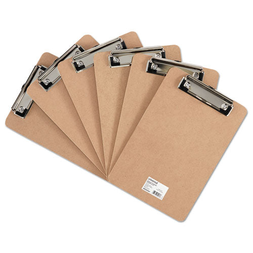 Image of Universal® Hardboard Clipboard with Low-Profile Clip, 0.5" Clip Capacity, Holds 5 x 8 Sheets, Brown, 6/Pack
