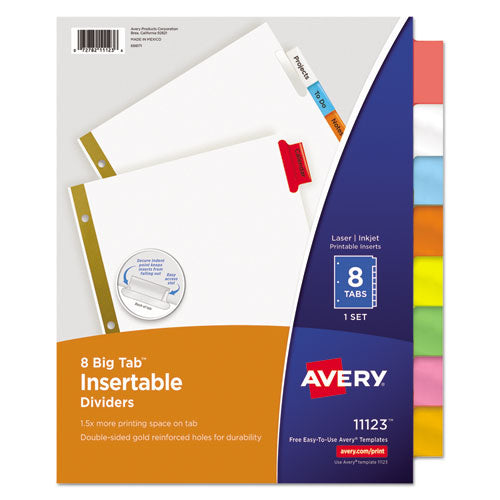 Image of Avery® Insertable Big Tab Dividers, 8-Tab, Double-Sided Gold Edge Reinforcing, 11 x 8.5, White, Assorted Tabs, 1 Set