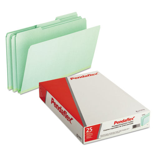 Image of Pendaflex® Pressboard Expanding File Folders, 1/3-Cut Tabs: Assorted, Legal Size, 1" Expansion, Green, 25/Box
