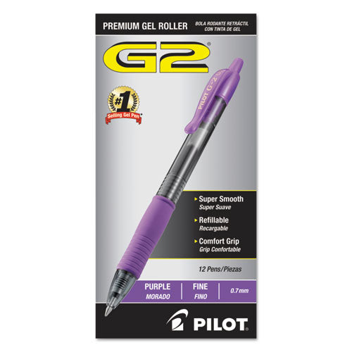 Image of Pilot® G2 Premium Gel Pen, Retractable, Fine 0.7 mm, Purple Ink, Smoke/Purple Barrel, Dozen