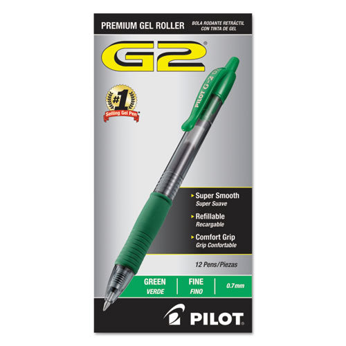 Image of Pilot® G2 Premium Gel Pen, Retractable, Fine 0.7 mm, Green Ink, Smoke/Green Barrel, Dozen