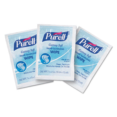 Image of PURELL® Cottony Soft Individually Wrapped Sanitizing Hand Wipes, 5 x 7, Unscented, White, 1,000/Carton