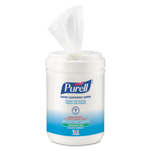Image of PURELL® Hand Sanitizing Wipes Alcohol Formula, 6 x 7, Unscented, White, 175/Canister, 6 Canisters/Carton