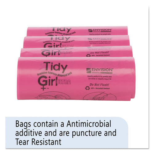 Image of Tidy Girl Feminine Hygiene Sanitary Disposal Bags, 4" x 4" x 10", Pink/Black, 150 Bags/Roll, 4 Rolls/Carton