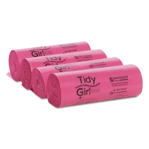 Image of Tidy Girl Feminine Hygiene Sanitary Disposal Bags, 4" x 4" x 10", Pink/Black, 150 Bags/Roll, 4 Rolls/Carton