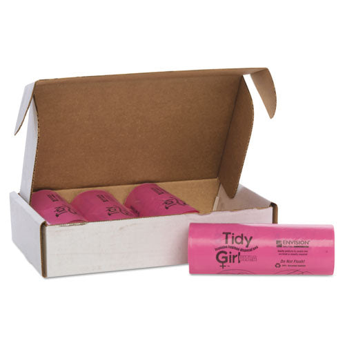 Image of Tidy Girl Feminine Hygiene Sanitary Disposal Bags, 4" x 4" x 10", Pink/Black, 150 Bags/Roll, 4 Rolls/Carton