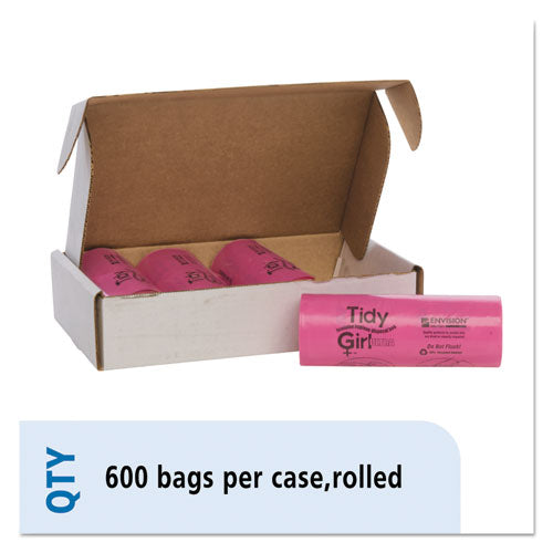 Image of Tidy Girl Feminine Hygiene Sanitary Disposal Bags, 4" x 4" x 10", Pink/Black, 150 Bags/Roll, 4 Rolls/Carton