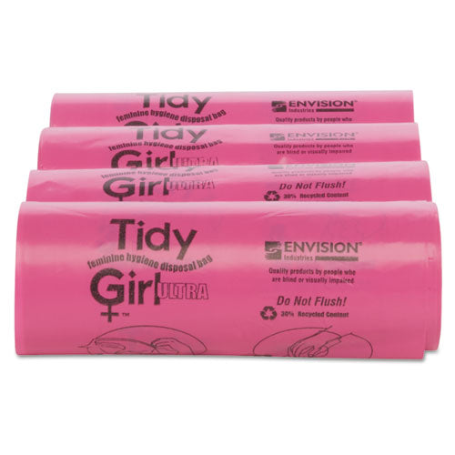 Image of Tidy Girl Feminine Hygiene Sanitary Disposal Bags, 4" x 4" x 10", Pink/Black, 150 Bags/Roll, 4 Rolls/Carton