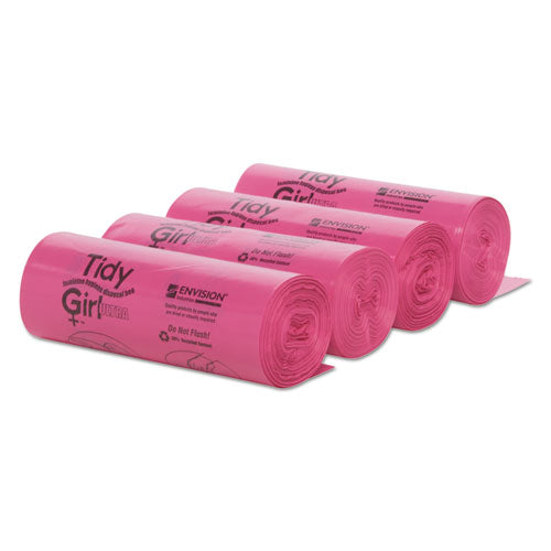 Image of Tidy Girl Feminine Hygiene Sanitary Disposal Bags, 4" x 4" x 10", Pink/Black, 150 Bags/Roll, 4 Rolls/Carton