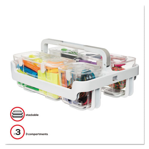 Image of deflecto® Stackable Caddy Organizer with S, M and L Containers, Plastic, 10.5 x 14 x 6.5, White Caddy/Clear Containers