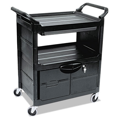 Image of Rubbermaid® Commercial Utility Cart with Locking Doors, Plastic, 3 Shelves, 200 lb Capacity, 33.63" x 18.63" x 37.75", Black