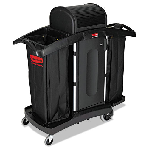 Image of Rubbermaid® Commercial High-Security Housekeeping Cart, Plastic, 3 Shelves, 2 Bins, 22" x 51.75" x 53.5", Black/Silver