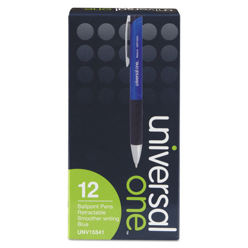Image of Universal Comfort Grip Ballpoint Pen, Retractable, Medium 1 mm, Blue Ink, Blue/Black Barrel, Dozen