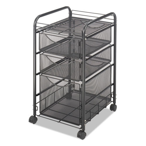 Image of Safco® Onyx Mesh Mobile File with Two Supply Drawers, Metal, 1 Shelf, 3 Drawers, 15.75" x 17" x 27", Black