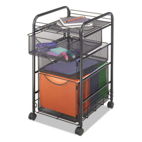 Image of Safco® Onyx Mesh Mobile File with Two Supply Drawers, Metal, 1 Shelf, 3 Drawers, 15.75" x 17" x 27", Black