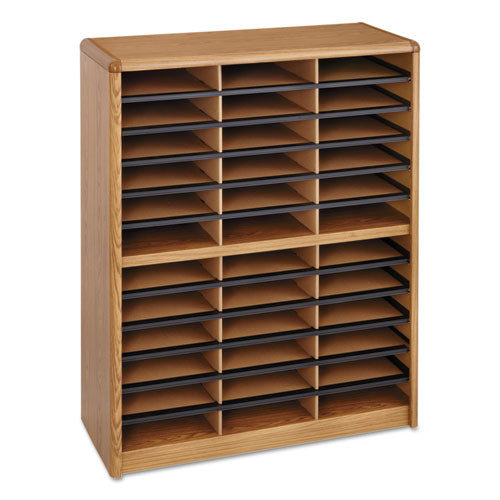 Image of Safco® Steel/Fiberboard Literature Sorter, 36 Compartments, 32.25 x 13.5 x 38, Oak