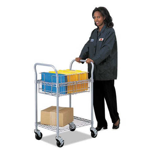 Image of Safco® Dual-Purpose Wire Mail and Filing Cart, Metal, 1 Shelf, 1 Bin, 26.75" x 18.75" x 38.5", Metallic Gray